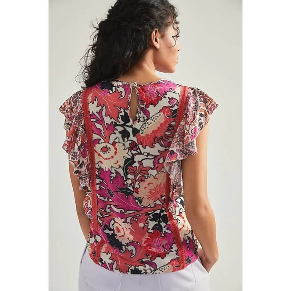 Anthropologie Conditions Apply Zofana Floral Flutter Sleeve Top Pink Medium - Picture 3 of 7